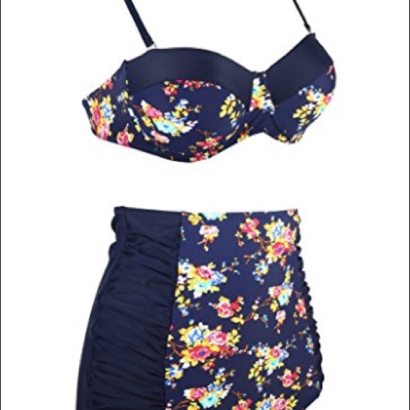 Sexy retro high waisted Plus Size Bikini Blue - Picture 2 of 8